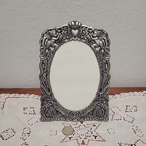 Vtg Decorative Pewter Photo Frame Angels Roses Crown 8.75" x 6" Ornate Victorian